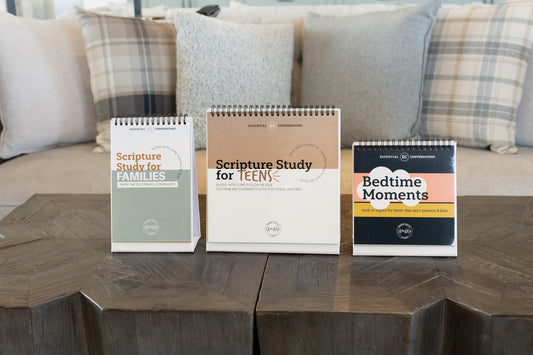 Display of three Essential Conversations Flipbooks: family, teen, kids