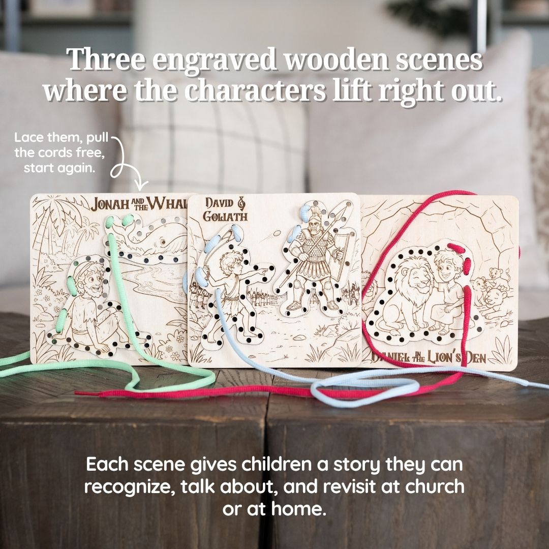 Little Faith Builders three wooden lacing puzzle boards with colored cotton laces