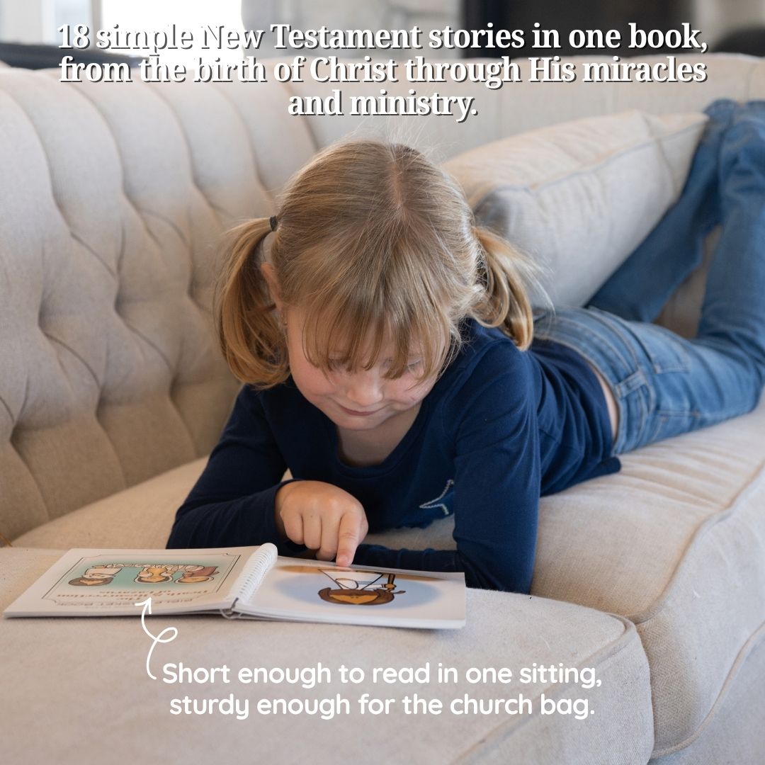 New Testament Bible Stories for Kids book open to an illustrated scripture story