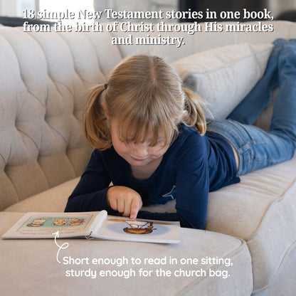 New Testament Bible Stories for Kids book open to an illustrated scripture story