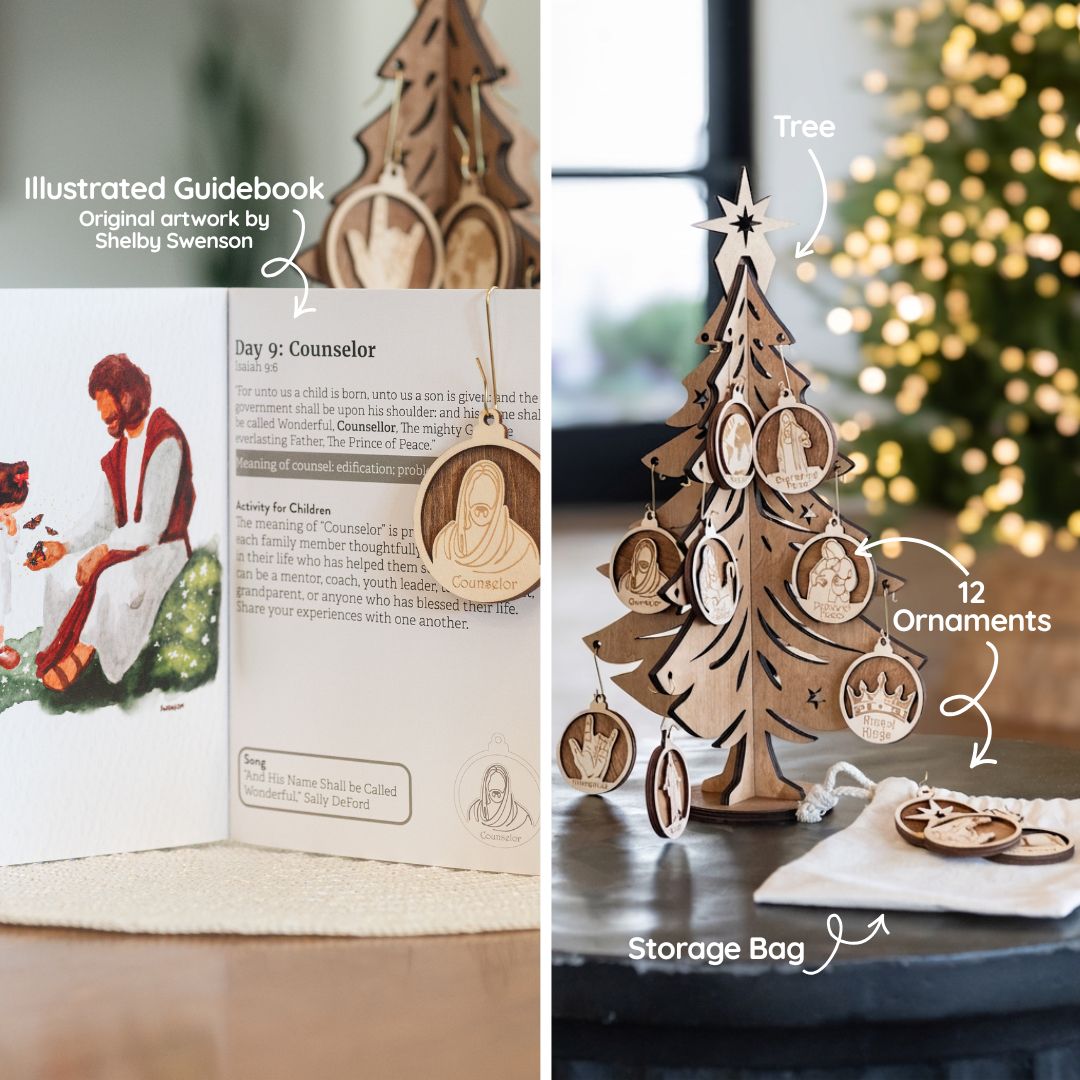 A wooden Christmas-themed storytelling set shown in a lifestyle setting, featuring a laser-cut tree with 12 wooden ornaments, an illustrated guidebook, and a white fabric storage bag. The image includes text overlays identifying the components.