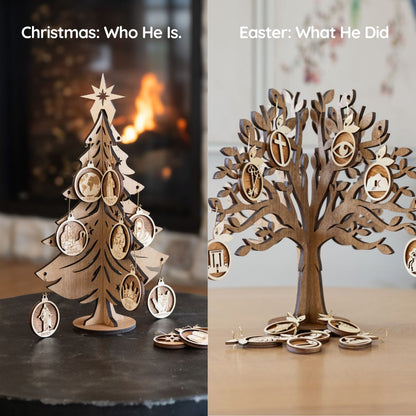 A split-screen comparison showing two wooden decorative displays: on the left, a Christmas tree with hanging oval religious medallions in front of a fireplace, captioned 'Christmas: Who He Is.'; on the right, a branching tree with cutout religious symbols and figures, captioned 'Easter: What He Did.