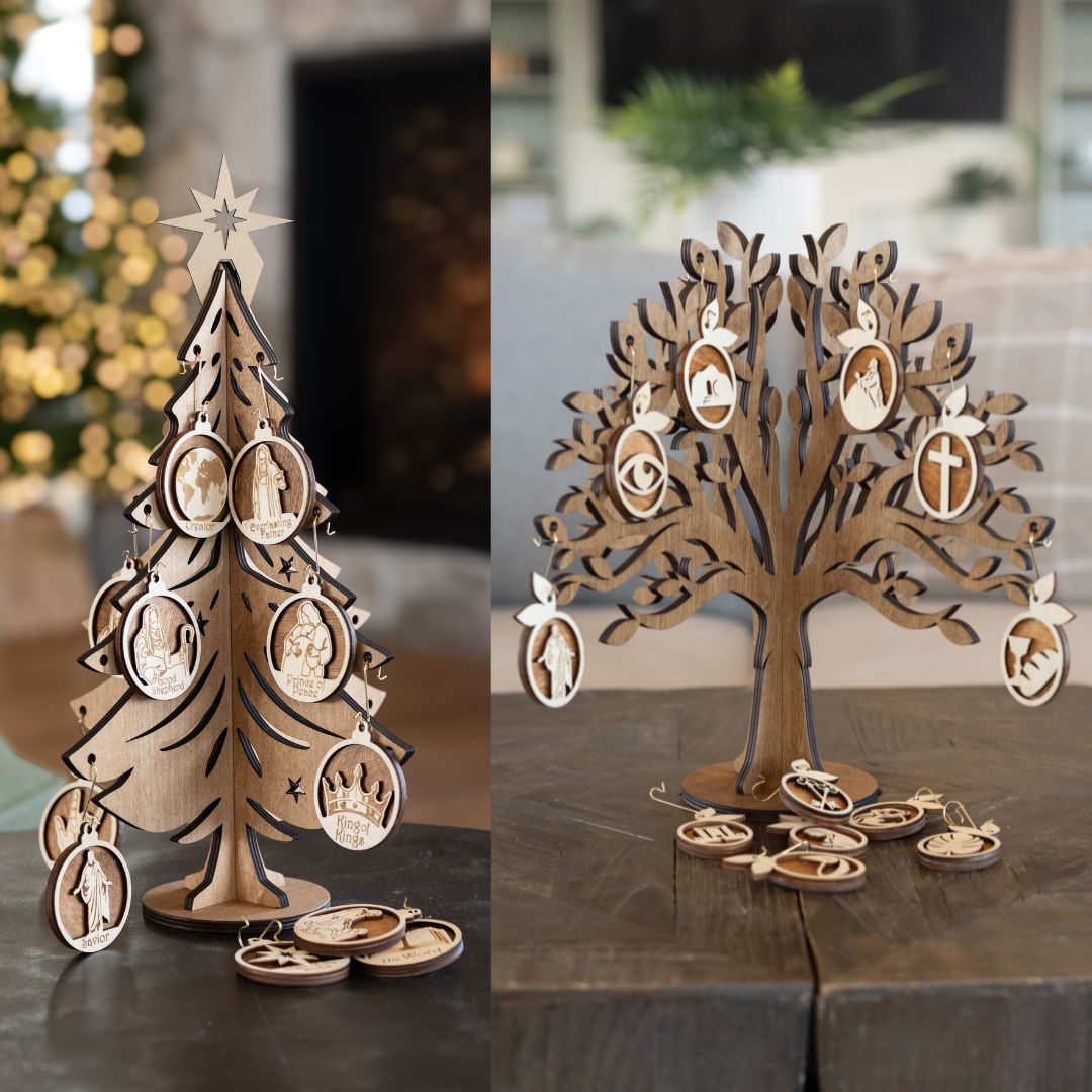 12 Names of Christ Christmas tree and 12 Days of Easter tree side by side