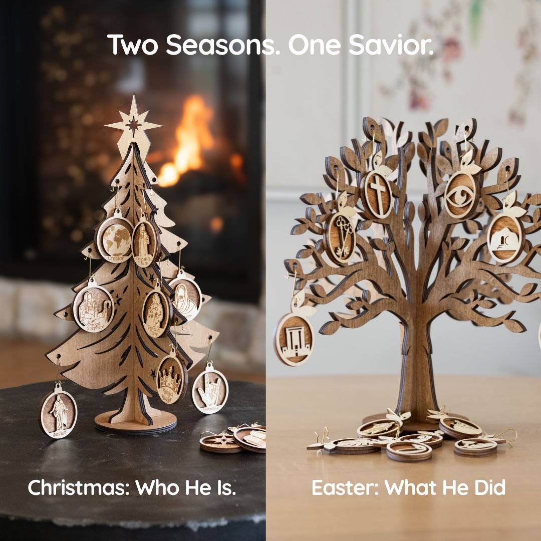 Christmas and Easter Christ-centered traditions shown together with both wooden trees