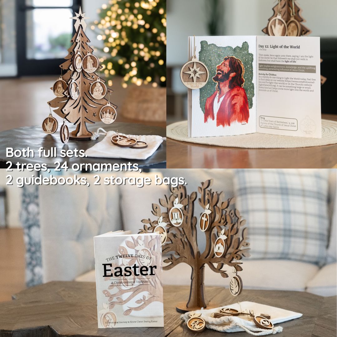 Christmas and Easter tradition set with two trees, 24 ornaments, two guidebooks, and storage bags