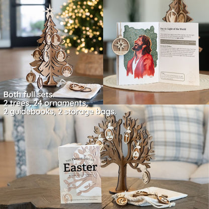 Christmas and Easter tradition set with two trees, 24 ornaments, two guidebooks, and storage bags