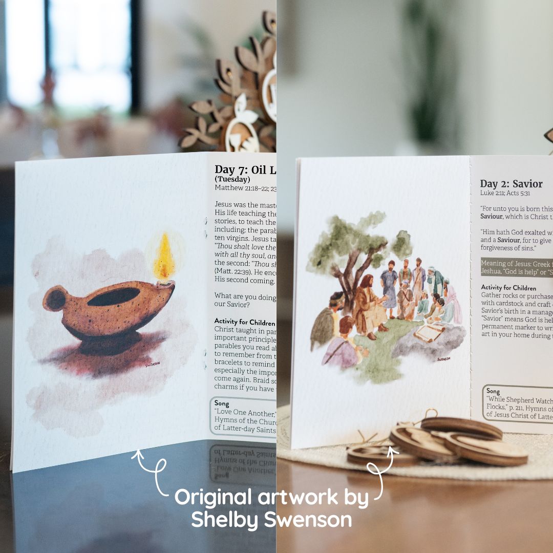 Christmas and Easter guidebook pages with original artwork by Shelby Swenson