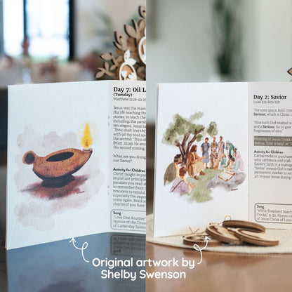 Christmas and Easter guidebook pages with original artwork by Shelby Swenson