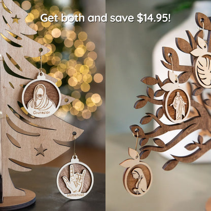 Christmas and Easter ornaments shown side by side with save $14.95 message