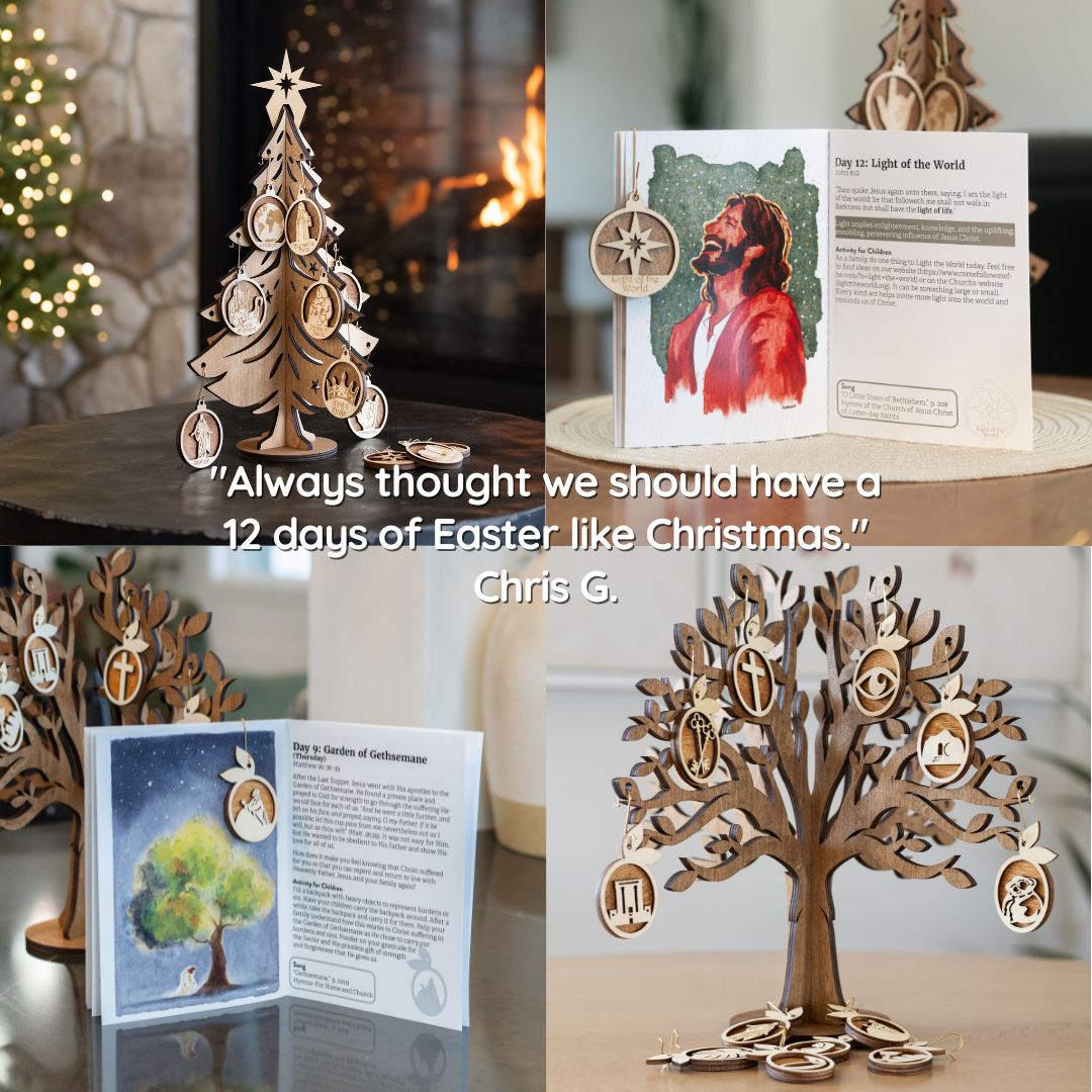 Customer review graphic with Christmas and Easter trees and illustrated guidebooks