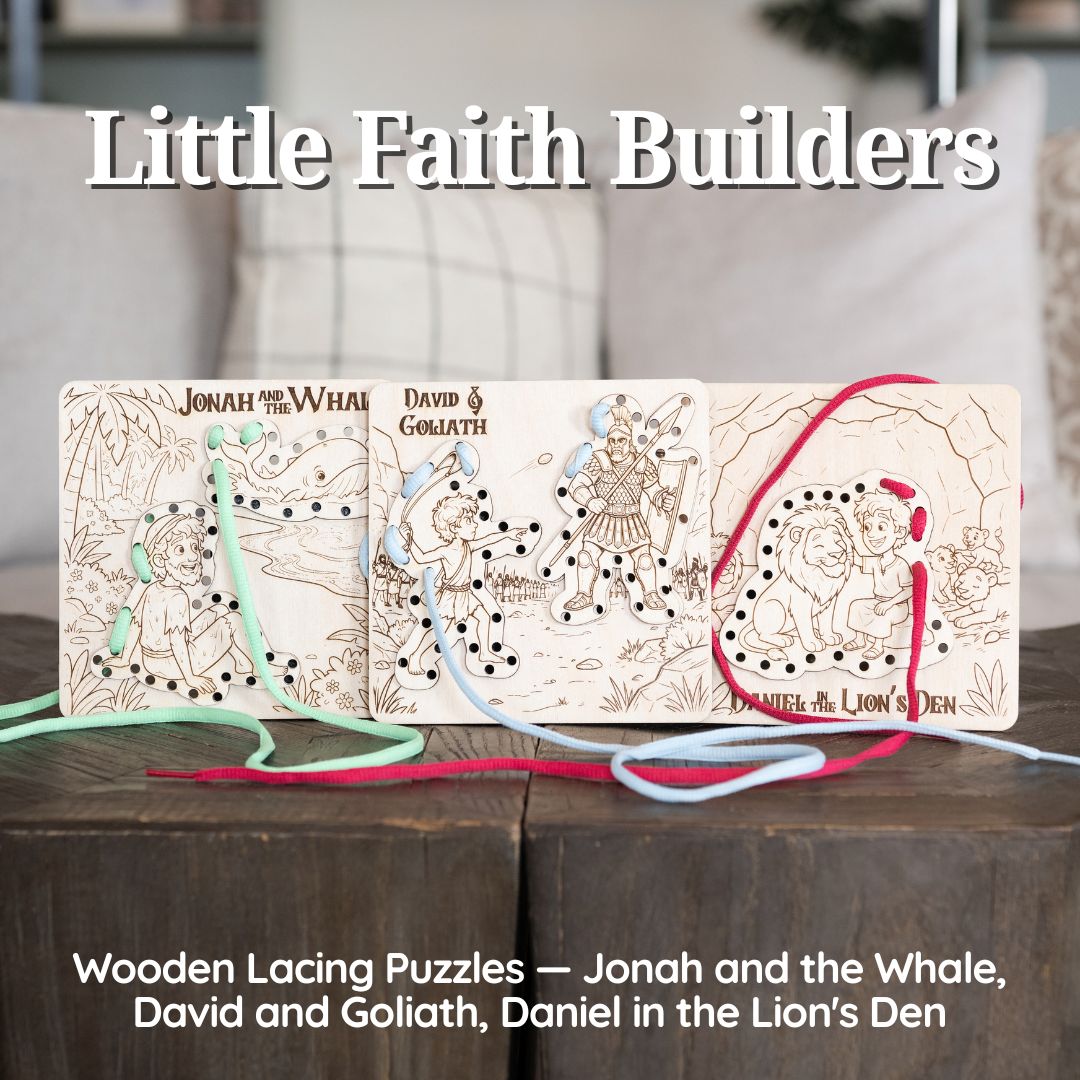 Little Faith Builders three wooden lacing puzzle boards with colored cotton laces