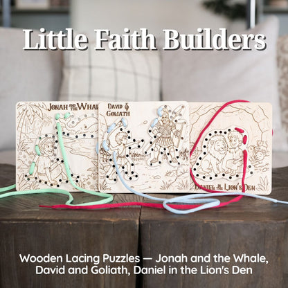 Little Faith Builders three wooden lacing puzzle boards with colored cotton laces