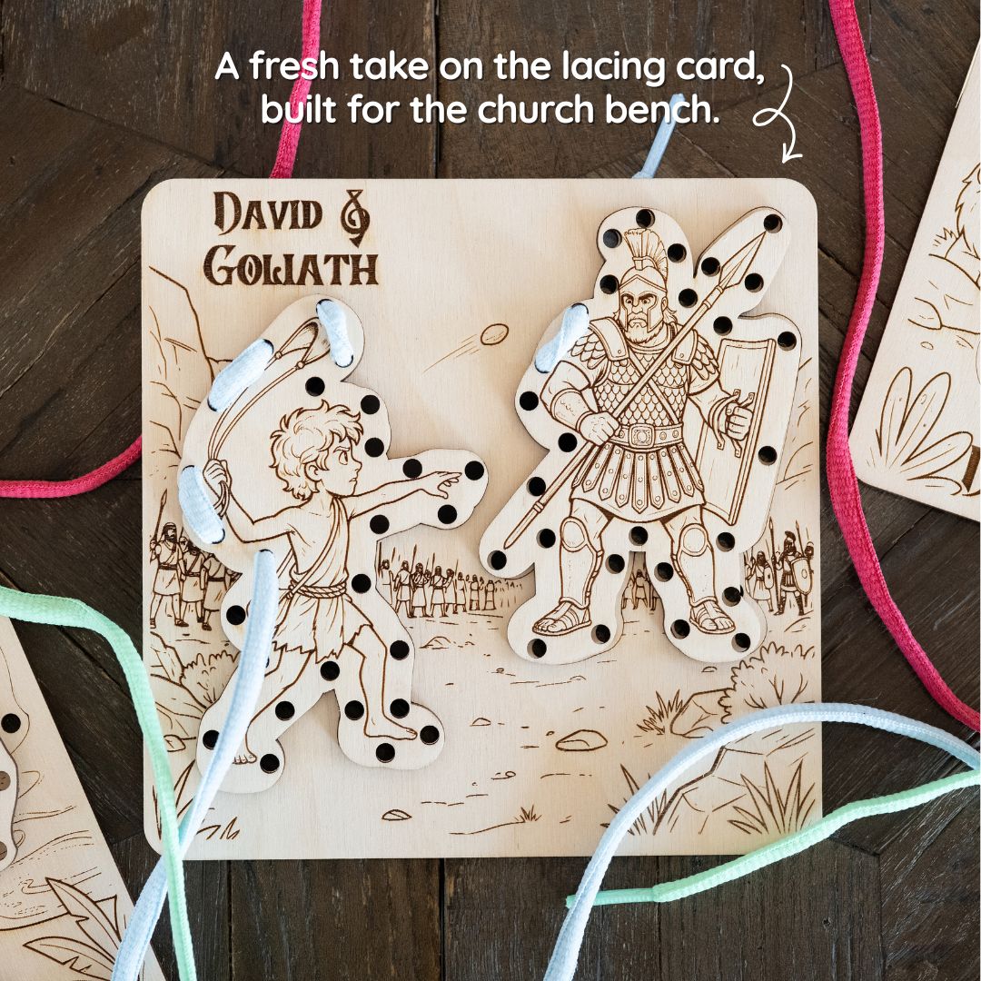 David and Goliath laser engraved lacing board with both armies in the background