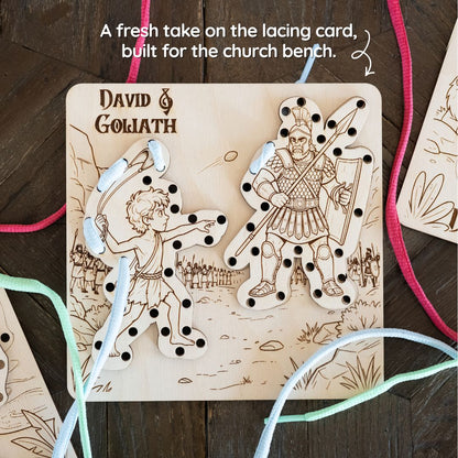 David and Goliath laser engraved lacing board with both armies in the background