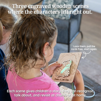 Child threading a cotton lace through a wooden Bible story lacing board
