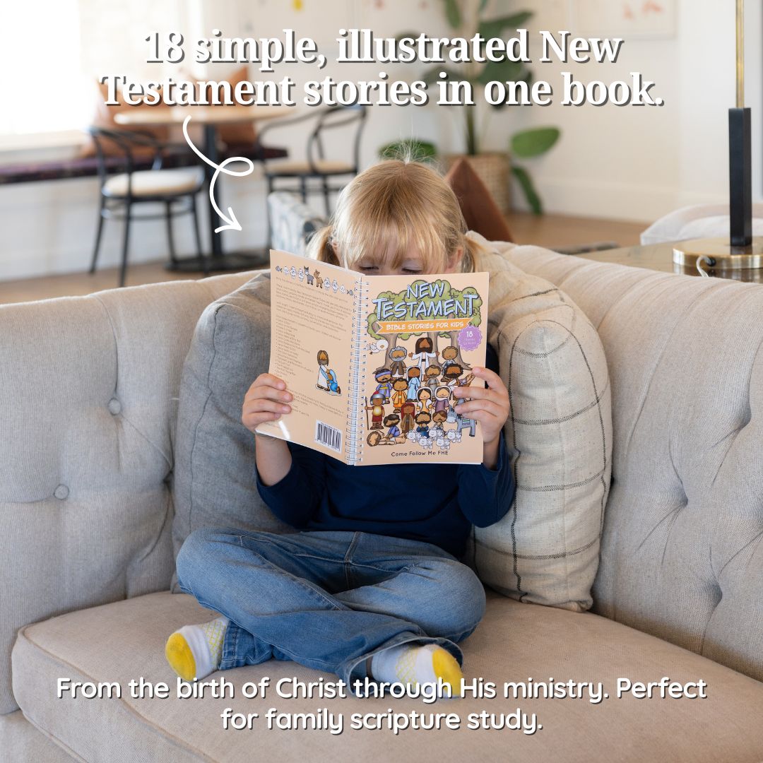 Child reading New Testament Bible Stories for Kids during family scripture study