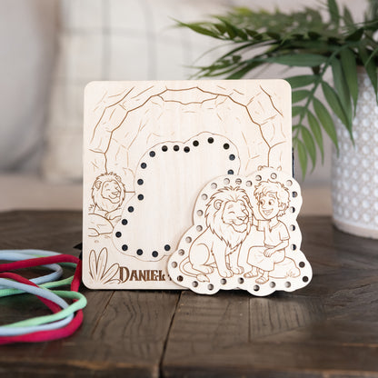 Daniel in the Lion's Den wooden lacing board with removable lion and Daniel piece